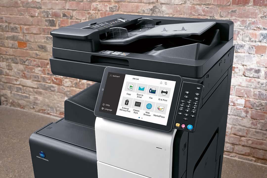 Close up of office printer with touch screen and keyboard