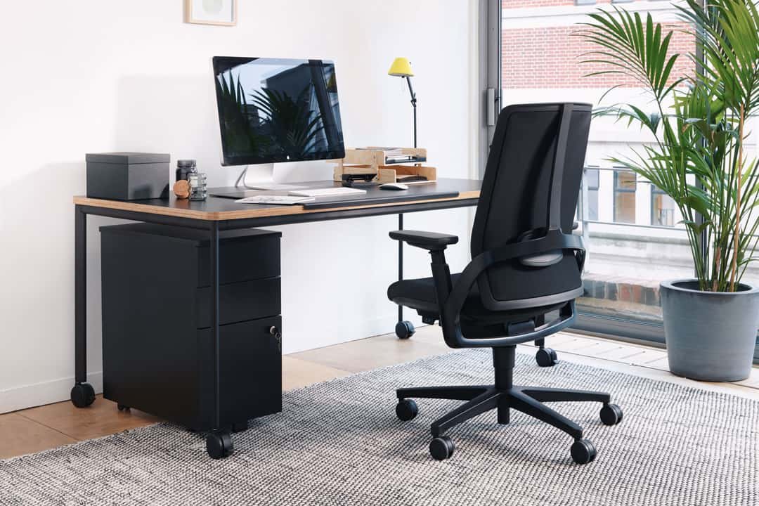 Office desk next to window with computer, stationery and office chair with large plant