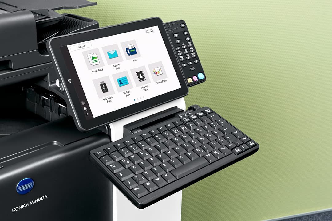 Close up of office printer with touch screen and keyboard