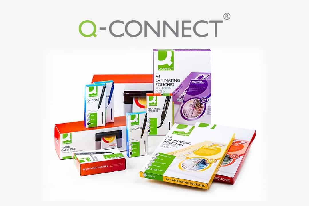 Various Q-Connect products against white background with Q-Connect logo above