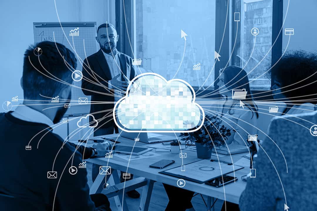 Cloud storage blue illustration overlay on image of business meeting