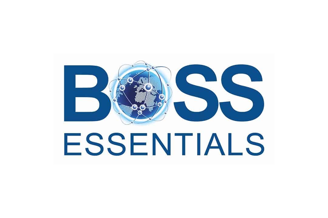 BOSS ESSENTIALS logo in blue.