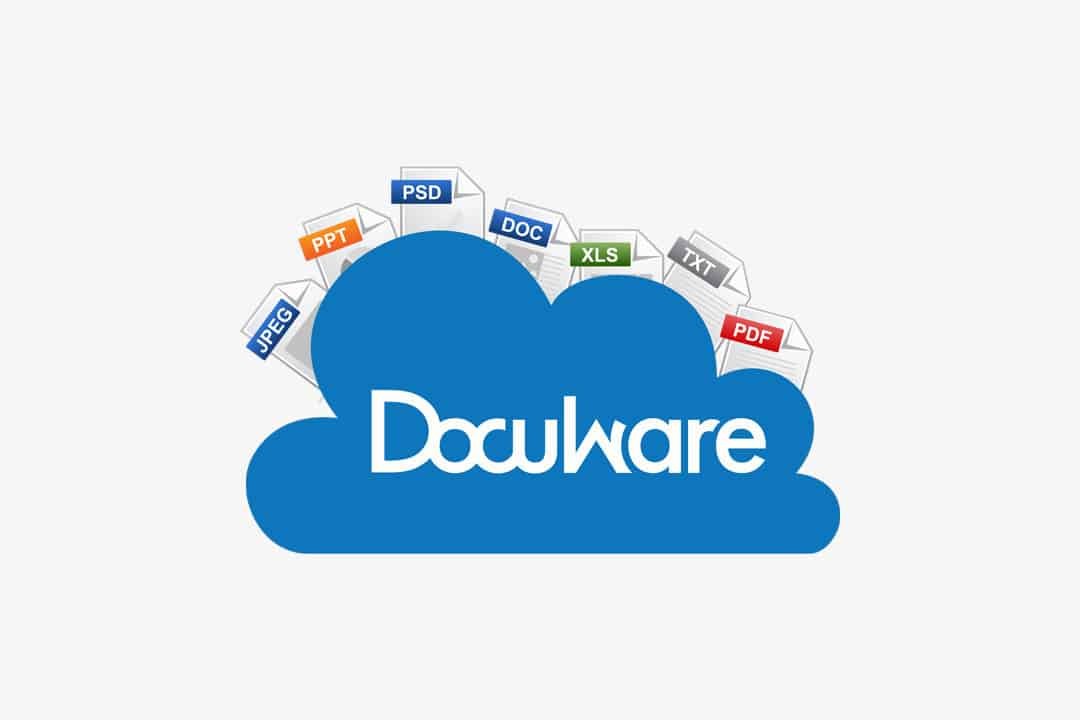DocuWare logo with a cloud and documents above the cloud