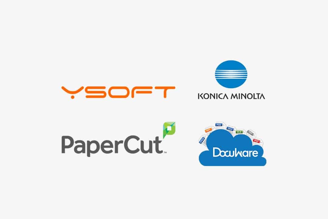 YSOFT, KONICA MINOLTA, PaperCut and Doculware logos all on a banner
