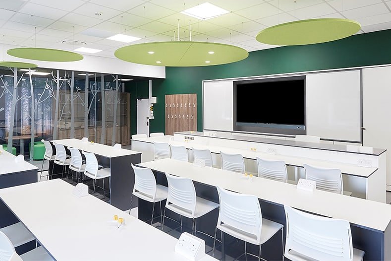 White and green science lab classroom